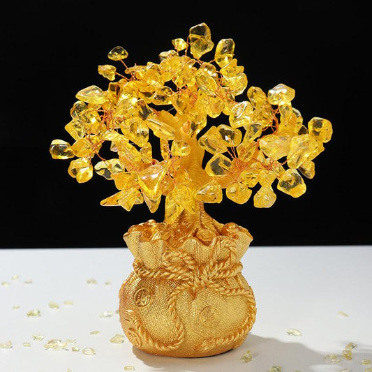 Pierre de naissance décorative en cristal jaune représentant un arbre de richesse