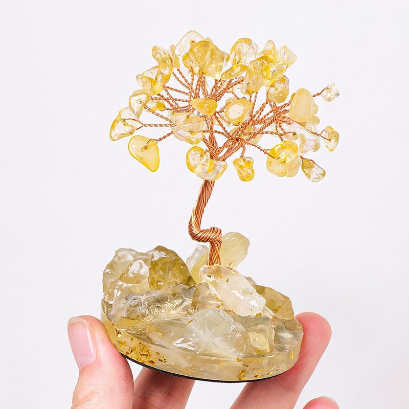 Pierre de naissance décorative en cristal jaune représentant un arbre de richesse