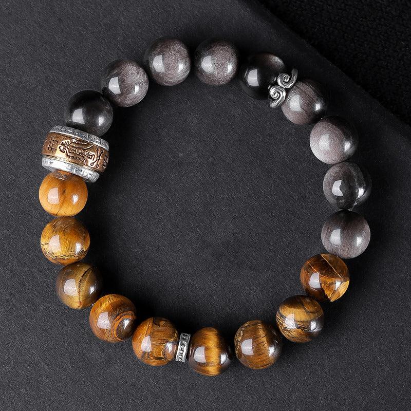 Black Myth Wukong Obsidian Tiger Eye Bracelet with Mantra and Amulet