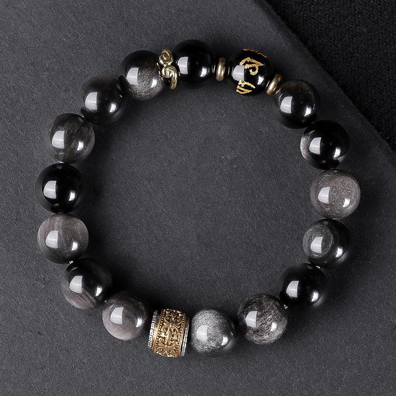 Black Myth Wukong Obsidian Tiger Eye Bracelet with Mantra and Amulet