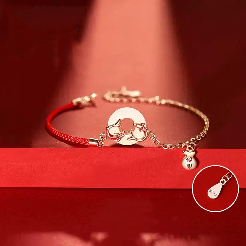 Koi Hetian Jade Peace Buckle Bracelet with Pure Silver Red String and Fortune Beads