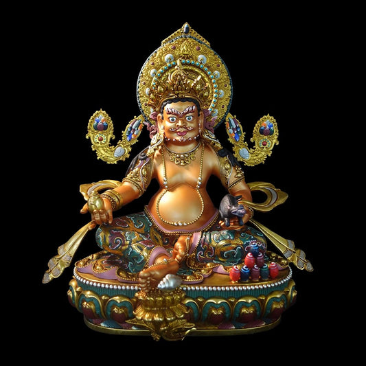 Statue de Zambala jaune tibétain Vajrayana fabriquée à la main, en cuivre pur, avec des peintures colorées pour attirer la richesse