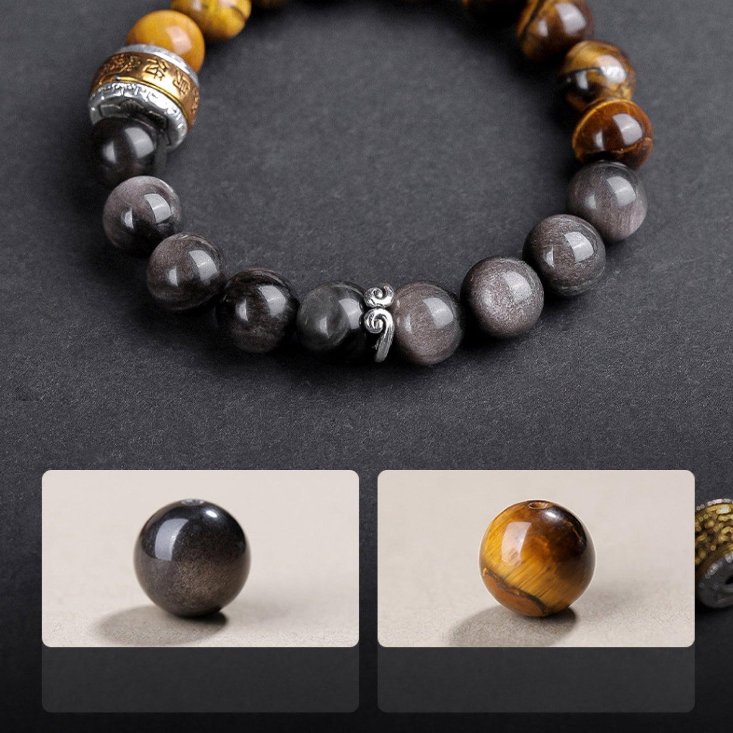 Black Myth Wukong Obsidian Tiger Eye Bracelet with Mantra and Amulet