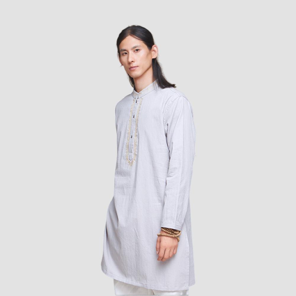 Vêtements de méditation et de yoga de style indien pour hommes 100 % coton en gris/blanc