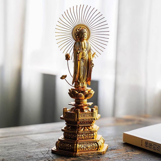 Sacred Avalokiteshvara Bodhisattva Gold-Plated Buddha Statue, Zodiac Rat Year Guardian, for Worship and Decoration, Handmade in Japan