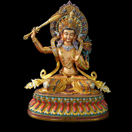 Statue de Bodhisattva tibétain Vajrayana Manjushri fabriquée à la main, décoration d'offrande artisanale