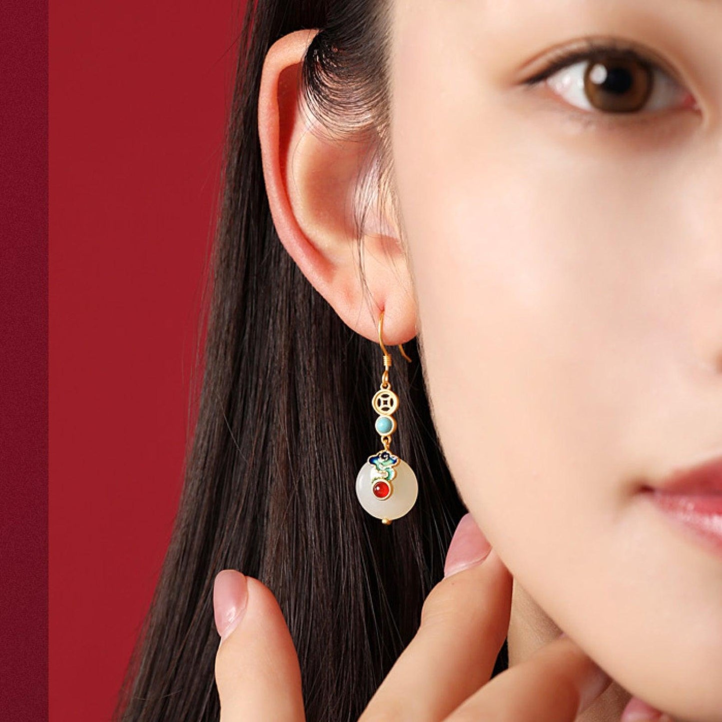 Hetian Jade Earrings for Women with Silver Long-Style Retro Jade Ruyi and Red Stone Design