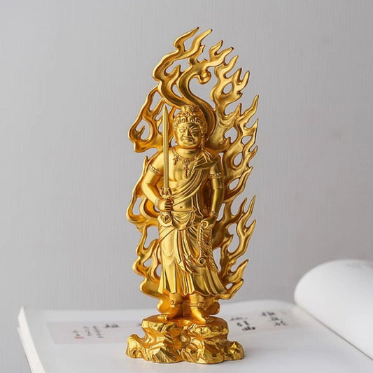 Statue de Bouddha plaquée or Fudo Myo-o, gardien de l'année du coq du zodiaque, pour le culte et la décoration, fabriquée à la main au Japon