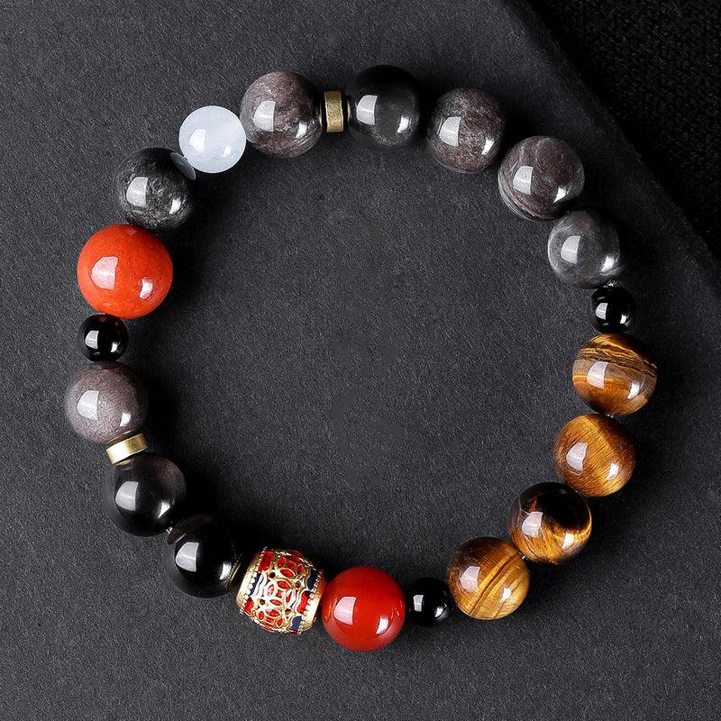 Black Myth Wukong Obsidian Tiger Eye Bracelet with Mantra and Amulet