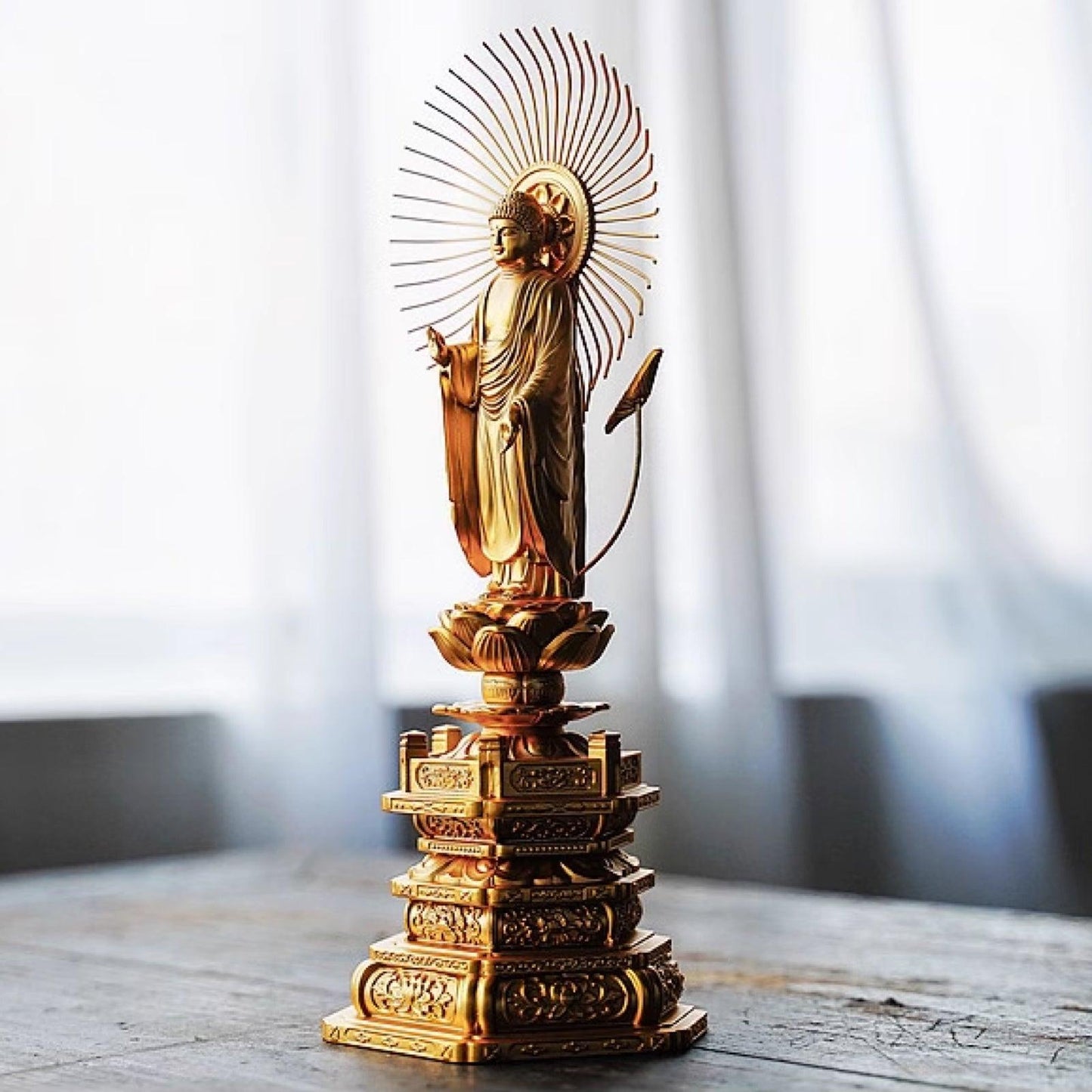 Sacred Avalokiteshvara Bodhisattva Gold-Plated Buddha Statue, Zodiac Rat Year Guardian, for Worship and Decoration, Handmade in Japan