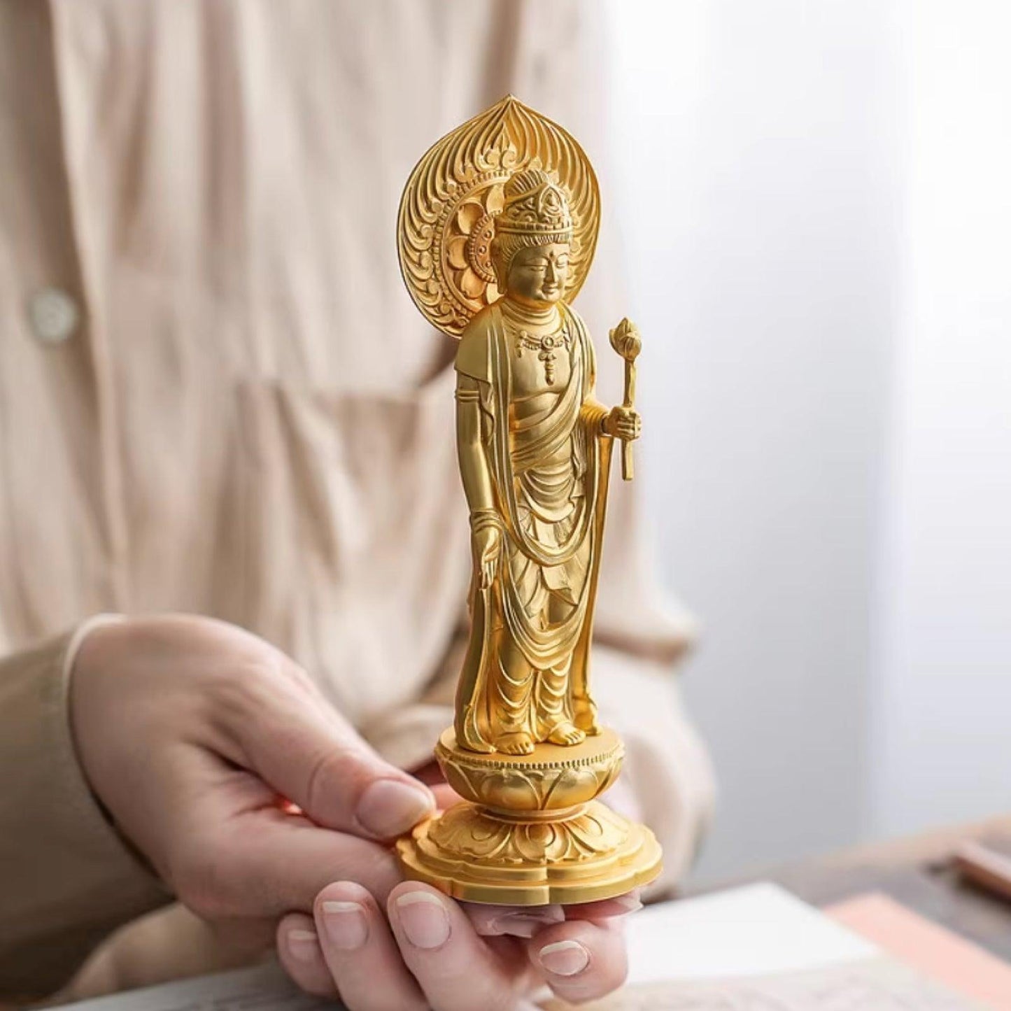 Sacred Avalokiteshvara Bodhisattva, Gold-Plated Buddha Statue, Zodiac Rat Year Guardian, for Worship and Decoration, Handmade in Japan