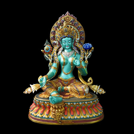 Nepalese Tibetan Buddhist Green Tara Statue, Handcrafted in Pure Copper with Colorful Paintings, Vajrayana