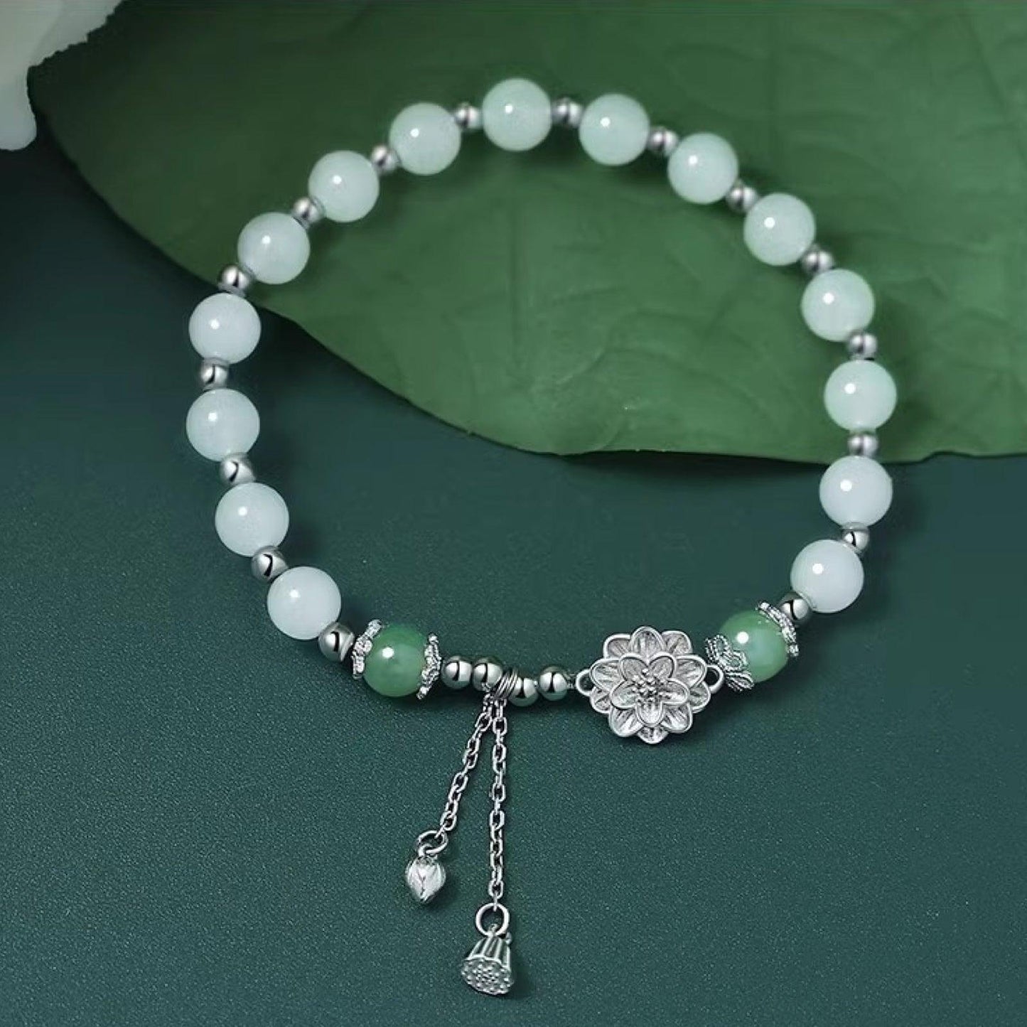 Hetian Jade Lotus Silver Bracelet