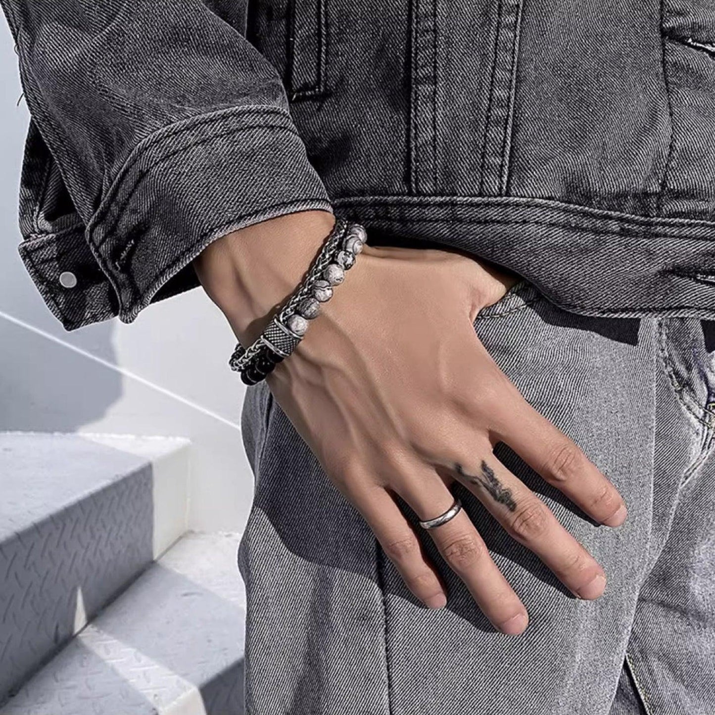 Bracelet en argent sterling 925 avec perles porte-bonheur et œil de tigre en obsidienne pour homme