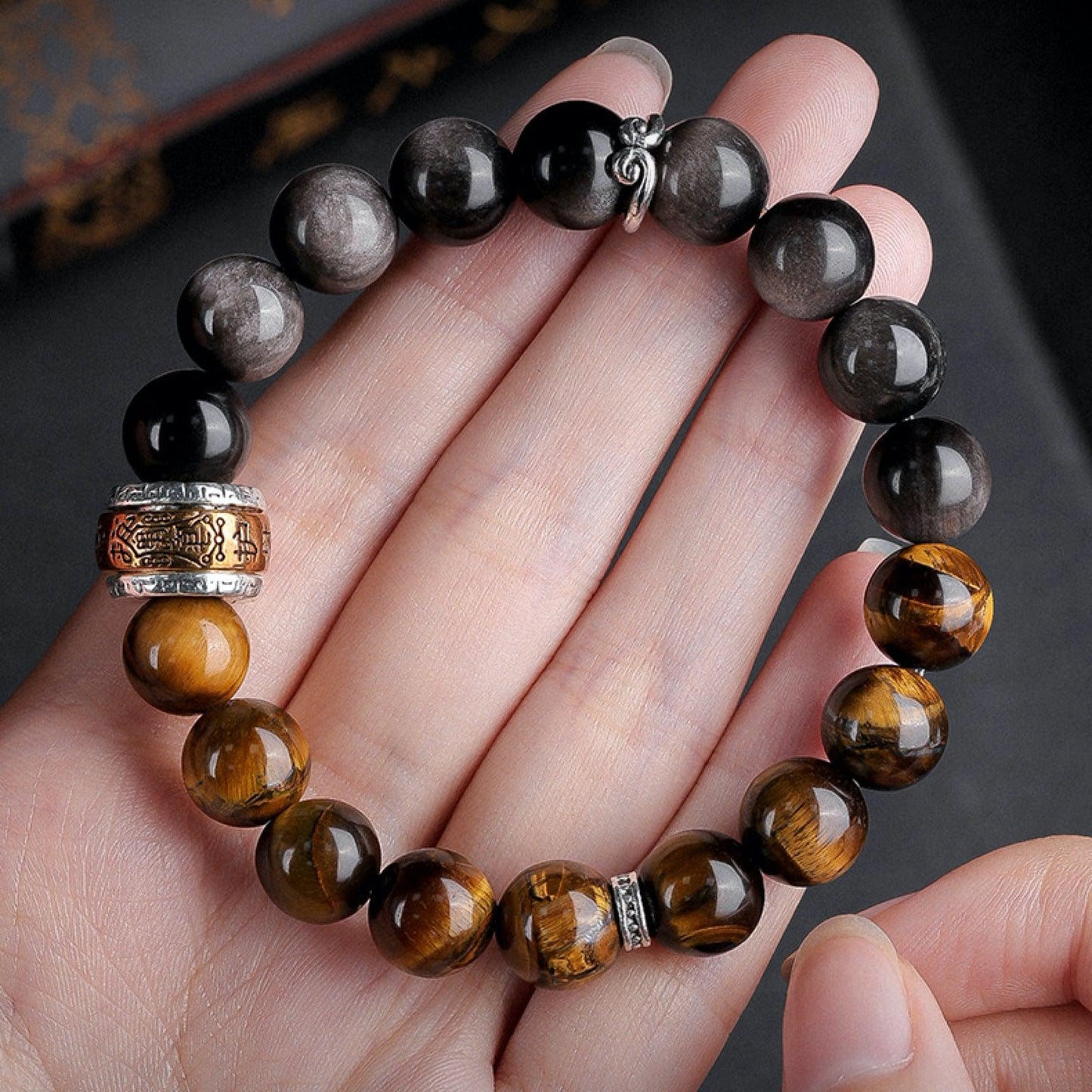 Black Myth Wukong Obsidian Tiger Eye Bracelet with Mantra and Amulet