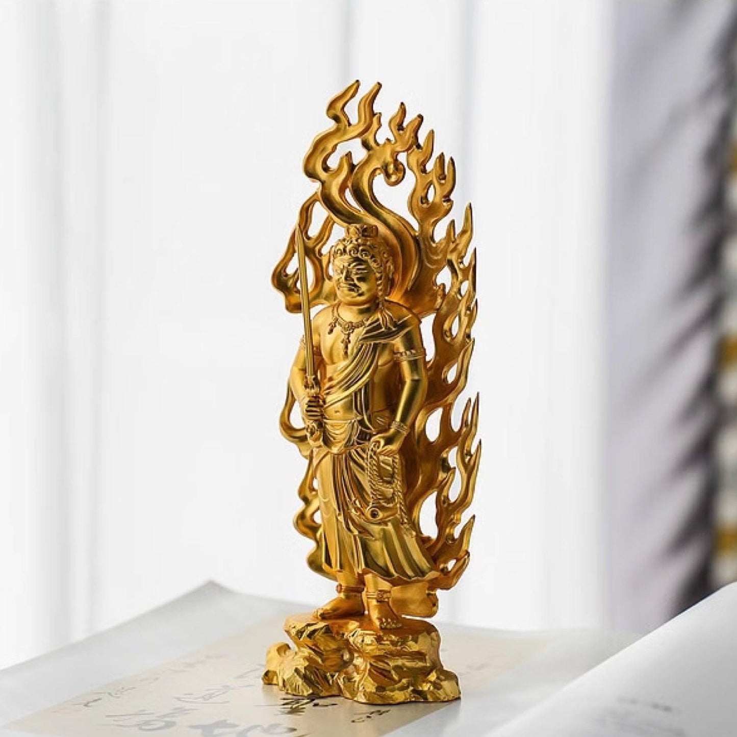 Fudo Myo-o Gold-Plated Buddha Statue, Zodiac Rooster Year Guardian, for Worship and Decoration, Handmade in Japan