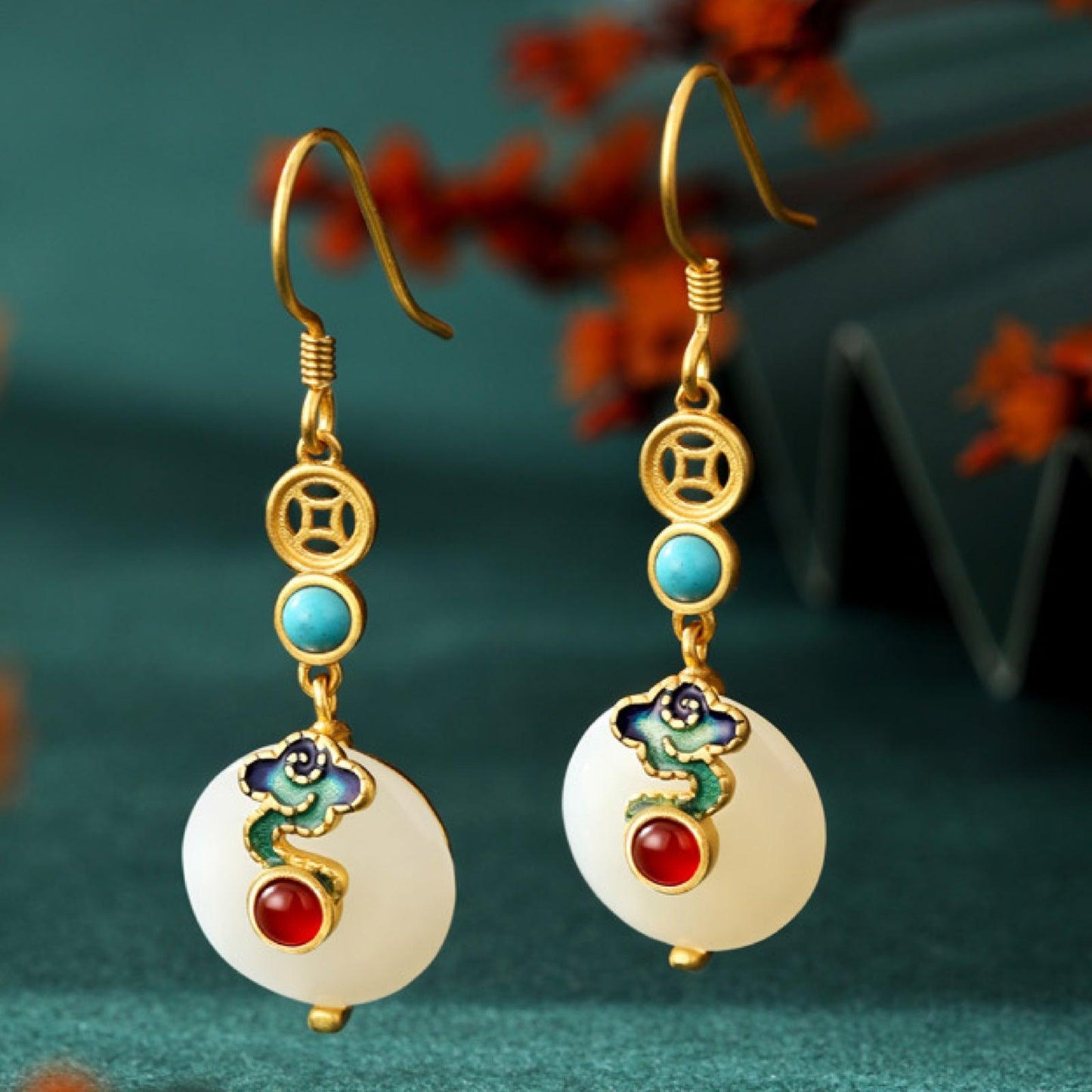 Hetian Jade Earrings for Women with Silver Long-Style Retro Jade Ruyi and Red Stone Design