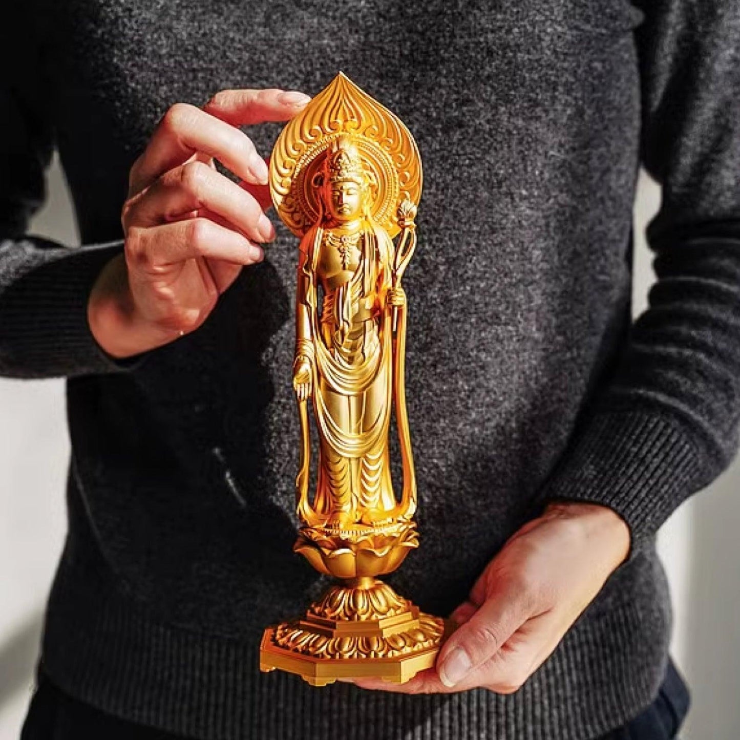 Sacred Avalokiteshvara Bodhisattva, Gold-Plated Buddha Statue, Zodiac Rat Year Guardian, for Worship and Decoration, Handmade in Japan