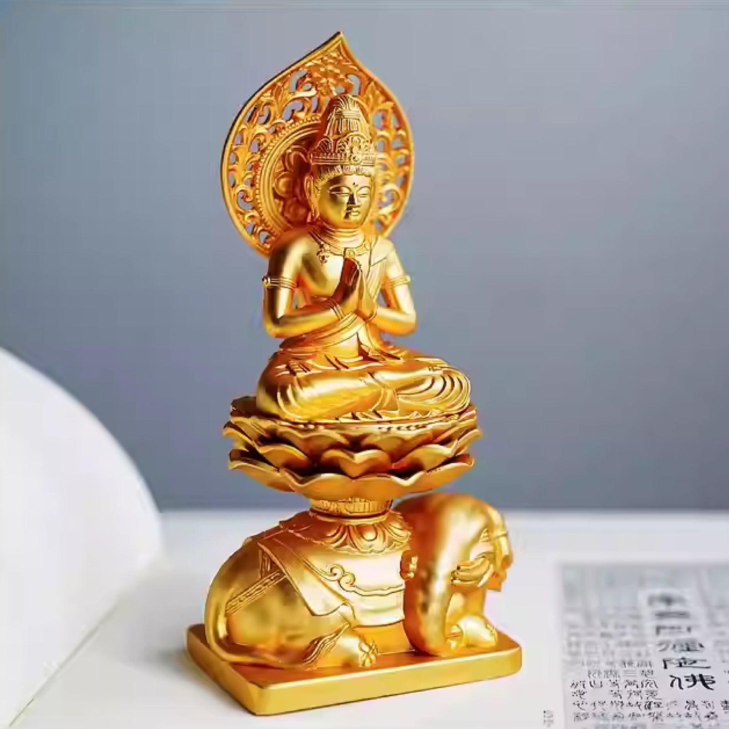 Samantabhadra Bodhisattva, Guardian Buddha for the Year of the Dragon and Snake, Shakyamuni Trinitarian, Huayan Three Sages, Handmade Gold-Plated Buddha Statue, Imported from Japan for Decoration and Worship