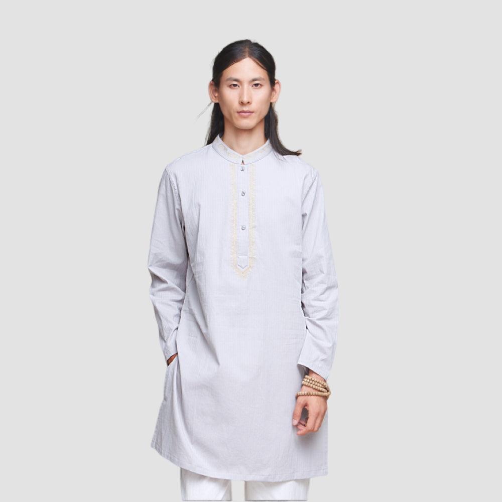 Vêtements de méditation et de yoga de style indien pour hommes 100 % coton en gris/blanc