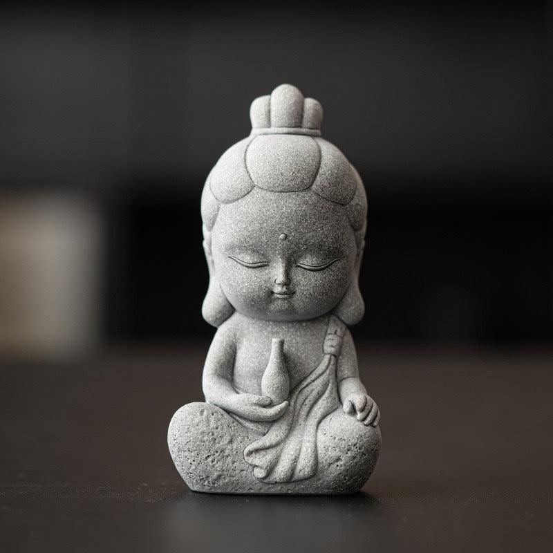 Maitreya Buddha & Guanyin Green Sandstone Ornament for Decoration and Aquarium Landscaping