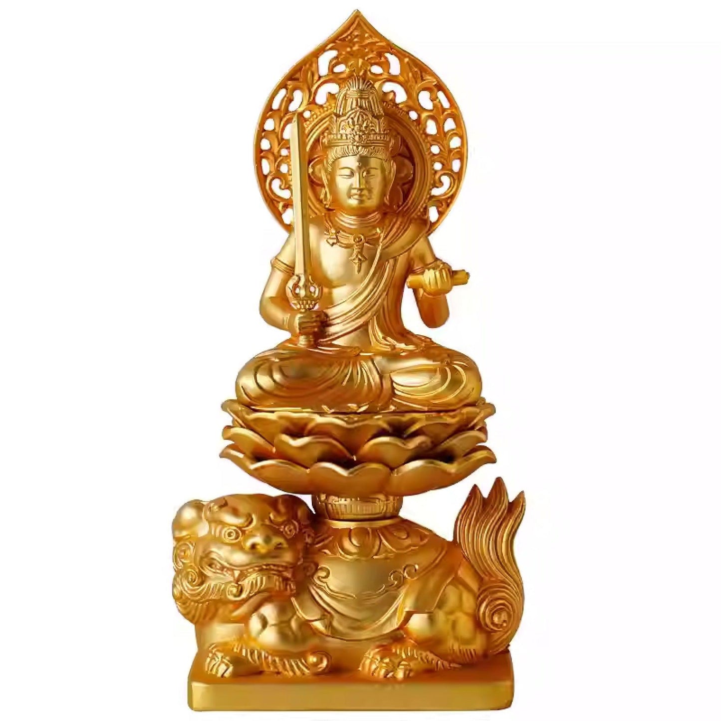 Manjushri Bodhisattva, Zodiac Rabbit Year Guardian, Gold-Plated Buddha Statue, Hossu Three Saints, for Worship and Decoration, Handmade in Japan