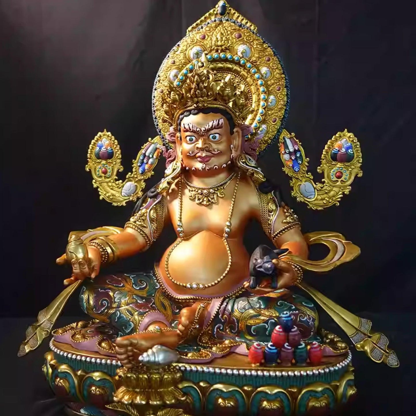 Handcrafted Tibetan Vajrayana Yellow Zambala Statue, Pure Copper, with Colorful Paintings for Wealth Attraction