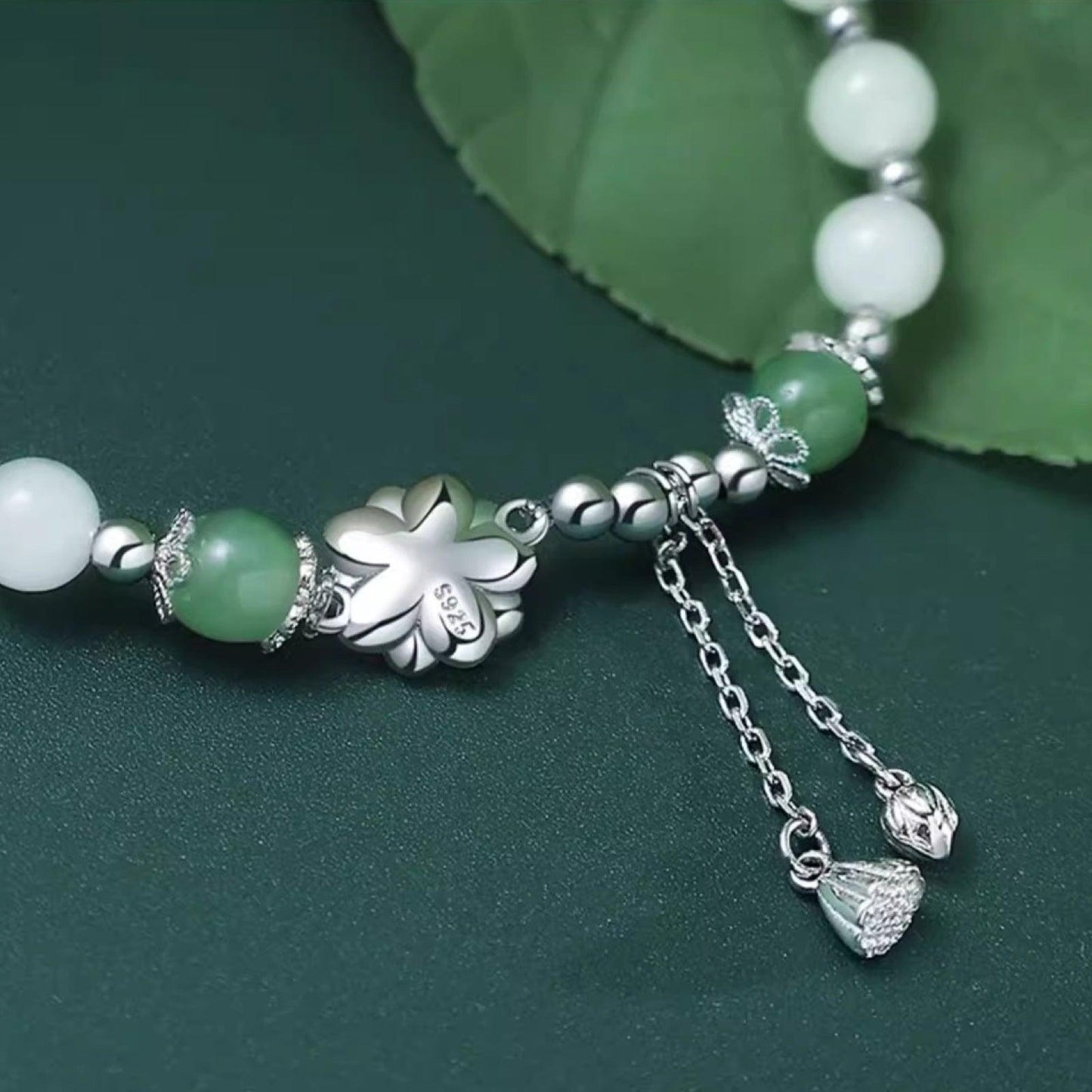 Hetian Jade Lotus Silver Bracelet