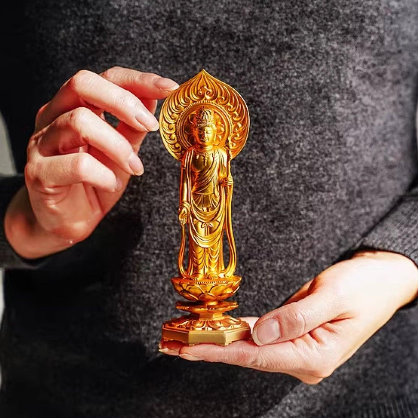 Sacred Avalokiteshvara Bodhisattva, Gold-Plated Buddha Statue, Zodiac Rat Year Guardian, for Worship and Decoration, Handmade in Japan