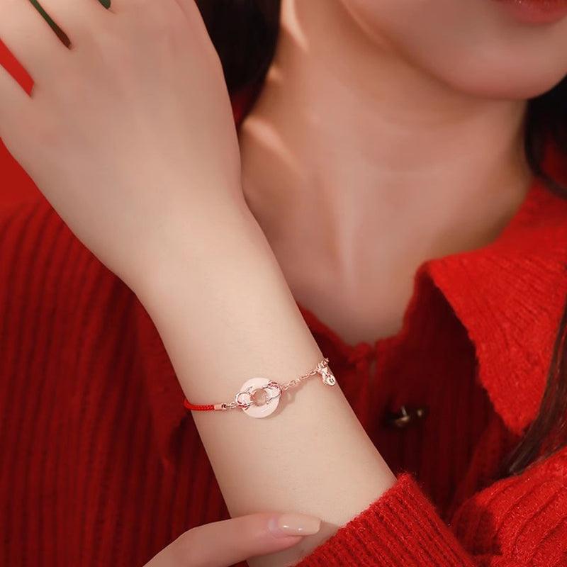 Koi Hetian Jade Peace Buckle Bracelet with Pure Silver Red String and Fortune Beads