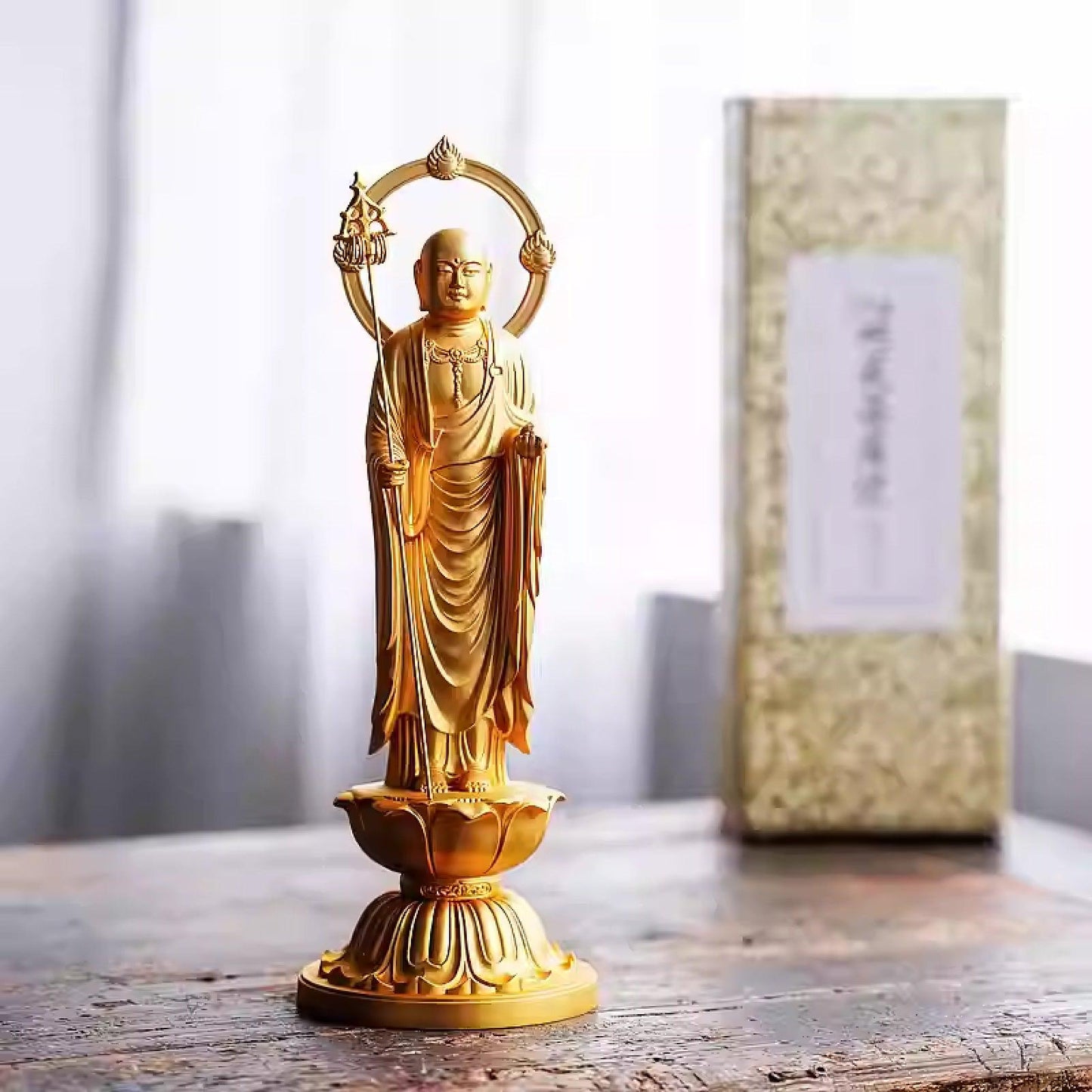 Great Vow Ksitigarbha, Gold-Plated Buddha Statue, Ksitigarbha Bodhisattva for Worship and Decoration, Handmade in Japan