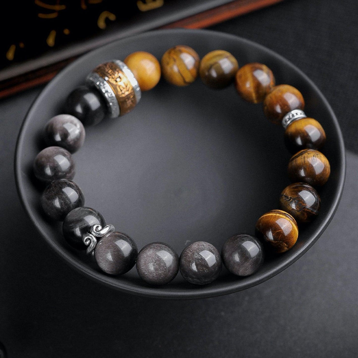 Black Myth Wukong Obsidian Tiger Eye Bracelet with Mantra and Amulet