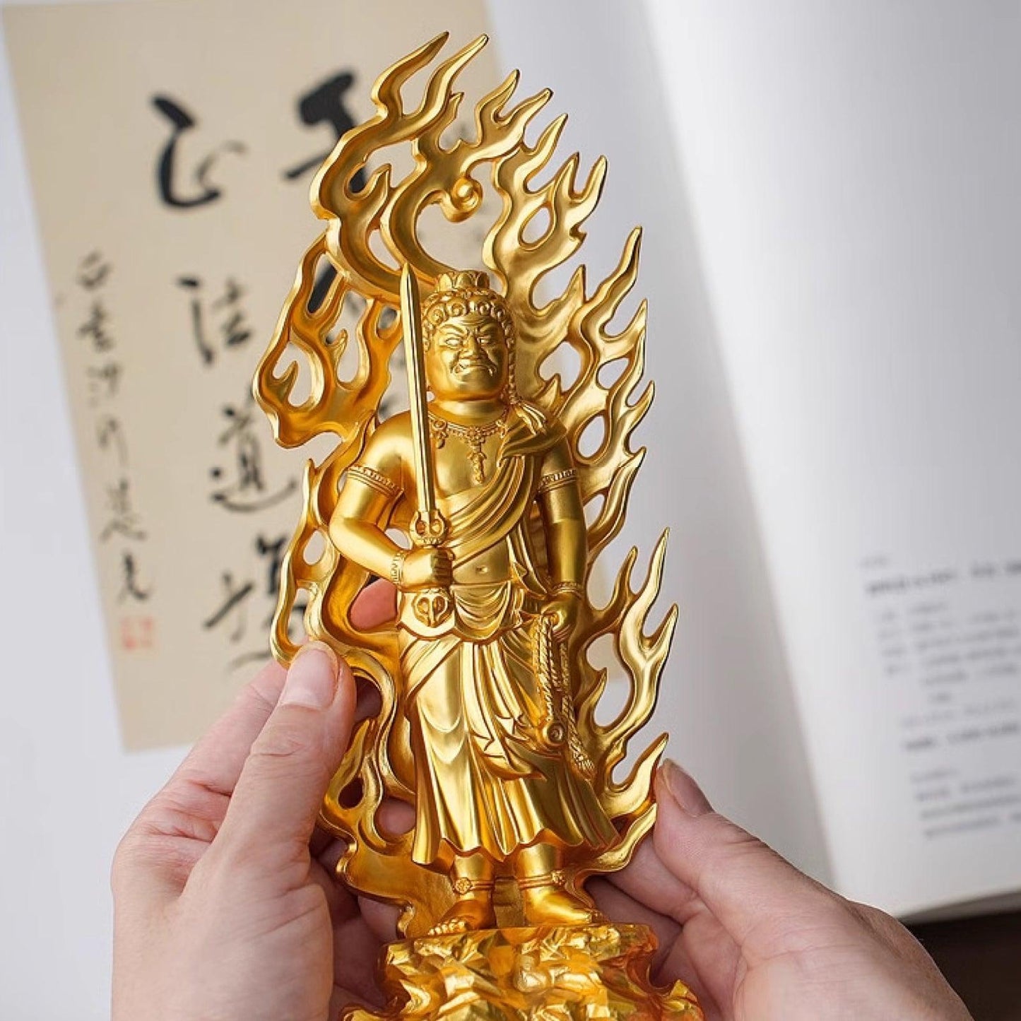 Fudo Myo-o Gold-Plated Buddha Statue, Zodiac Rooster Year Guardian, for Worship and Decoration, Handmade in Japan