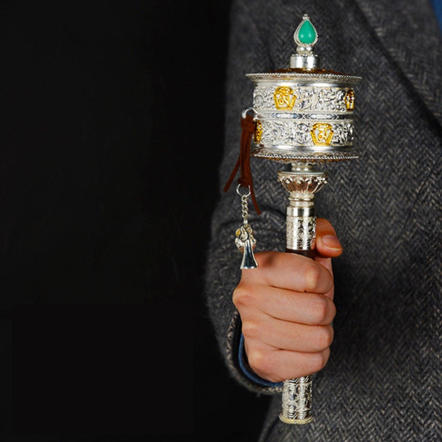 Hand-held 80,000 Mantras Copper and Silver Gilded Tibetan Prayer Wheel