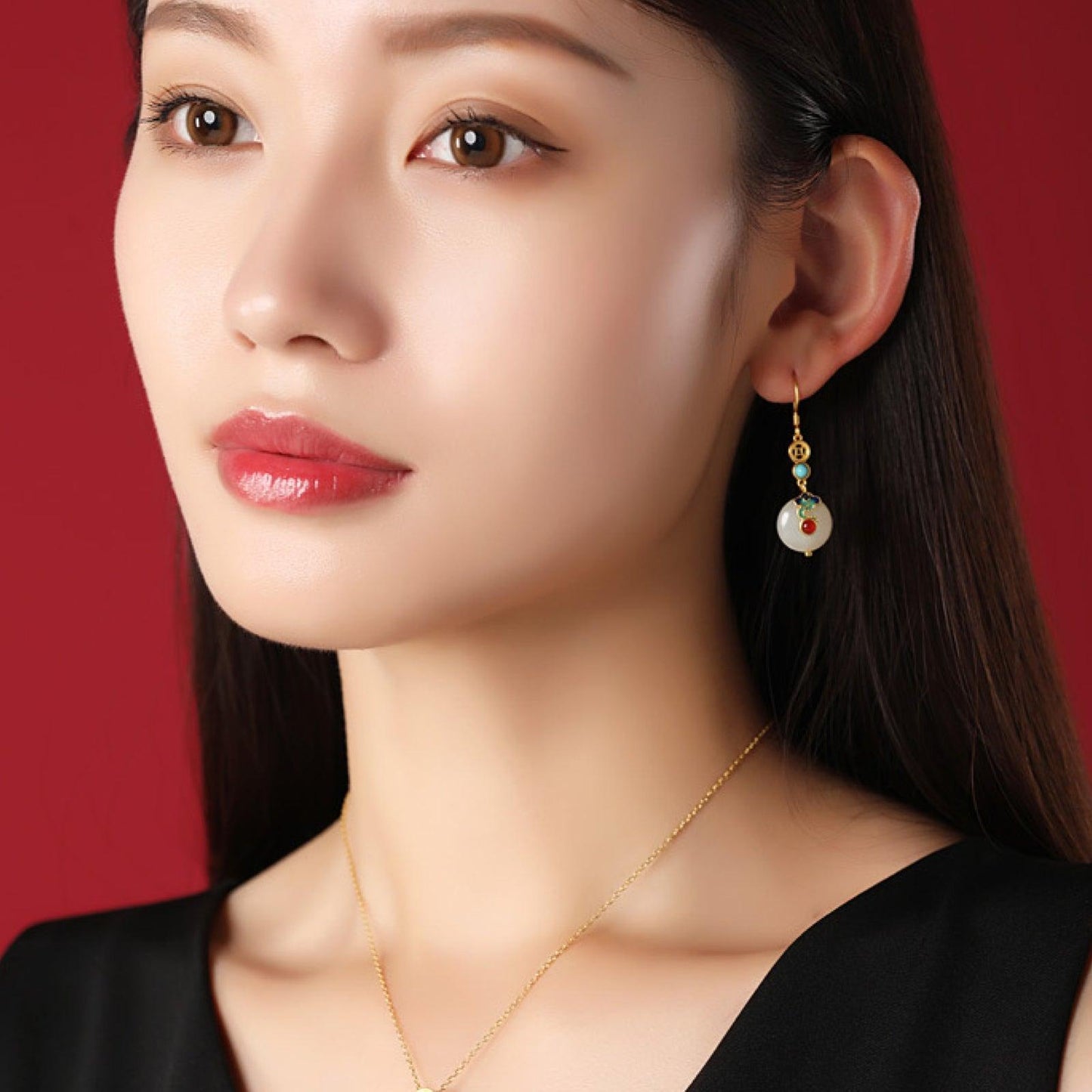 Hetian Jade Earrings for Women with Silver Long-Style Retro Jade Ruyi and Red Stone Design