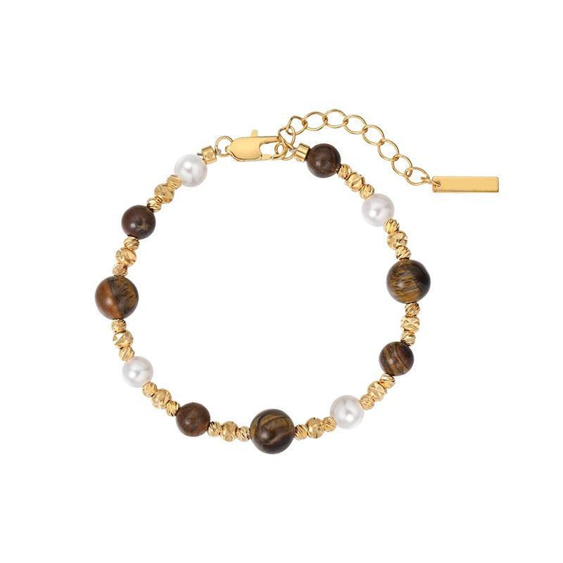 18K Gold Tiger Eye and Pearl Necklace and Bracelet