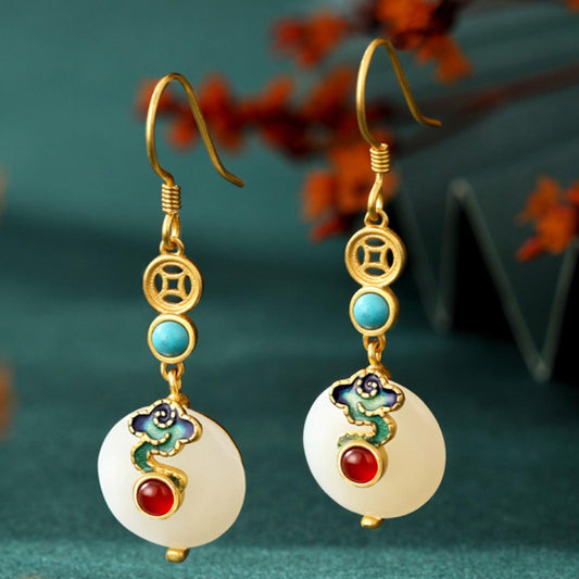 Hetian Jade Earrings for Women with Silver Long-Style Retro Jade Ruyi and Red Stone Design