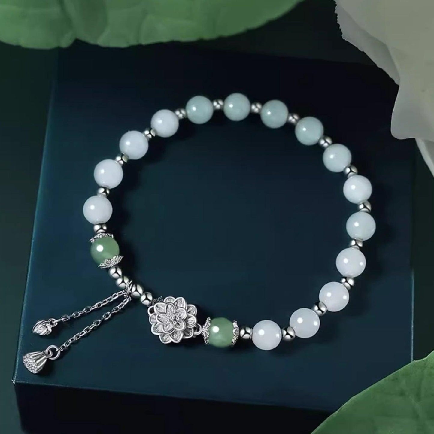 Hetian Jade Lotus Silver Bracelet