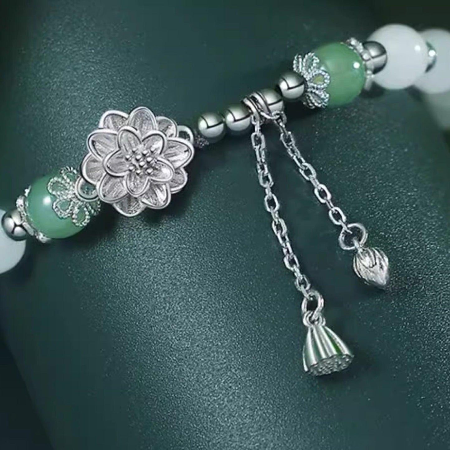 Hetian Jade Lotus Silver Bracelet