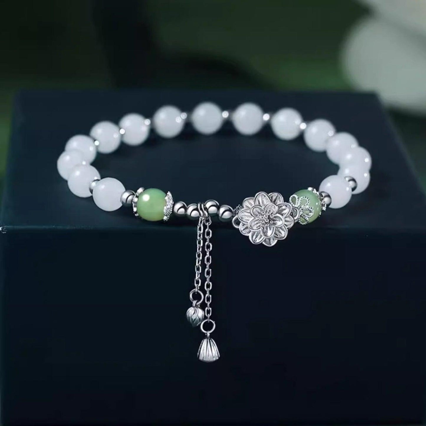 Hetian Jade Lotus Silver Bracelet