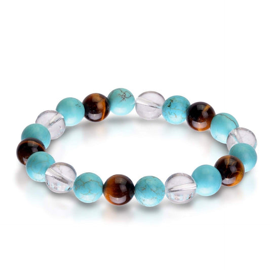 Bracelet trois couleurs œil de tigre, turquoise et verre blanc bijoux bracelet bouddha