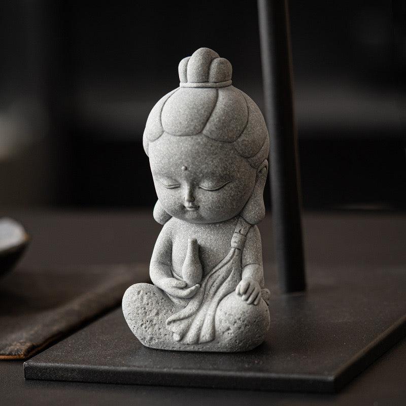 Maitreya Buddha & Guanyin Green Sandstone Ornament for Decoration and Aquarium Landscaping