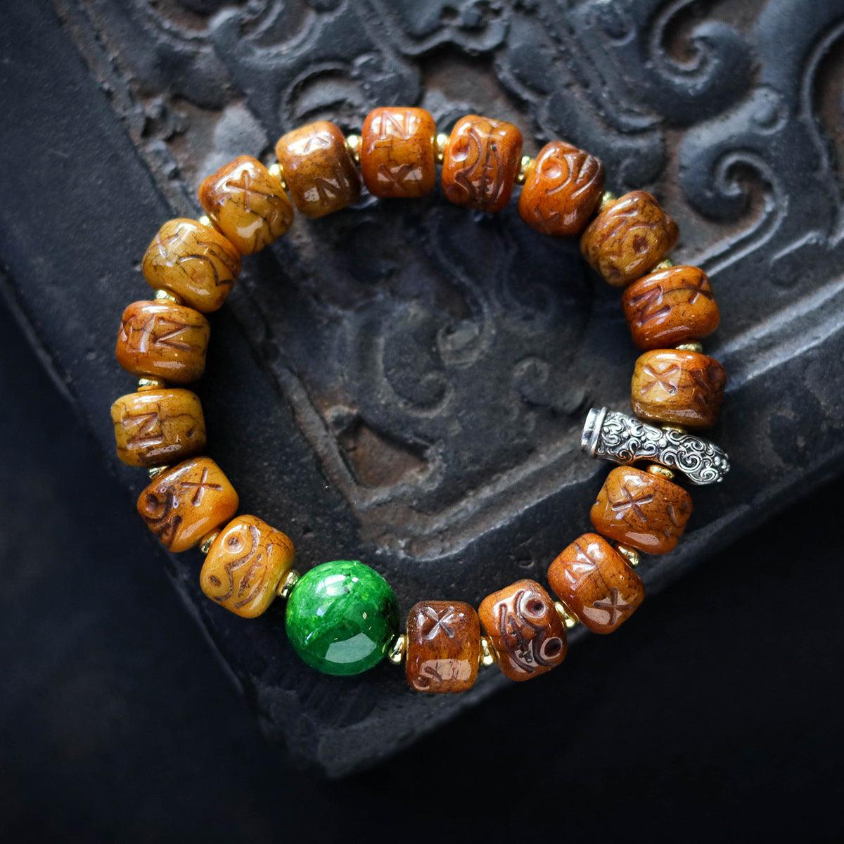 Tibetan-style Buddhist Cow Bone Barrel Bead Guardian Bracelet