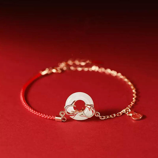 Bracelet boucle de paix en jade Koi Hetian avec fil rouge en argent pur et perles de fortune