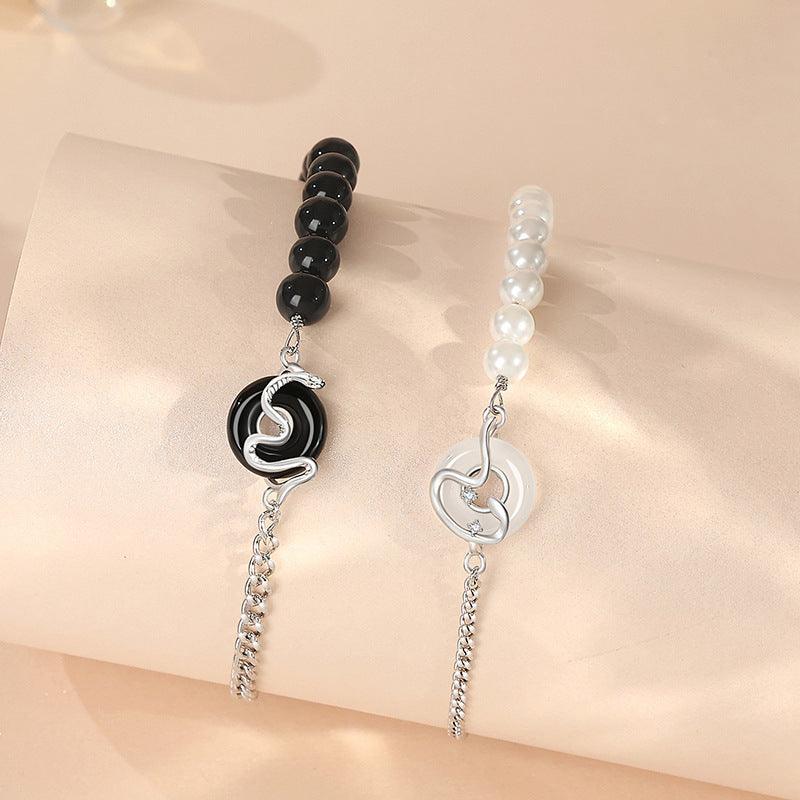 S925 Sterling Silver Snake Year Obsidian & Pearl Couple Bracelet