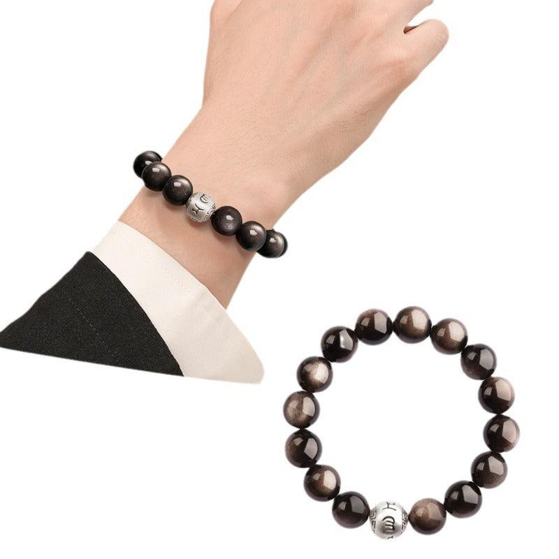 999 Silver Natural Bead Om Mani Padme Hum Obsidian Bracelet