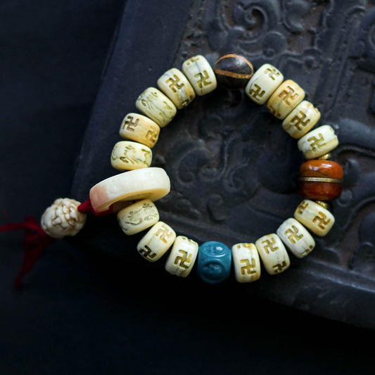 Tibetan-style Buddhist Cow Bone Carved Swastika Protective Bracelet