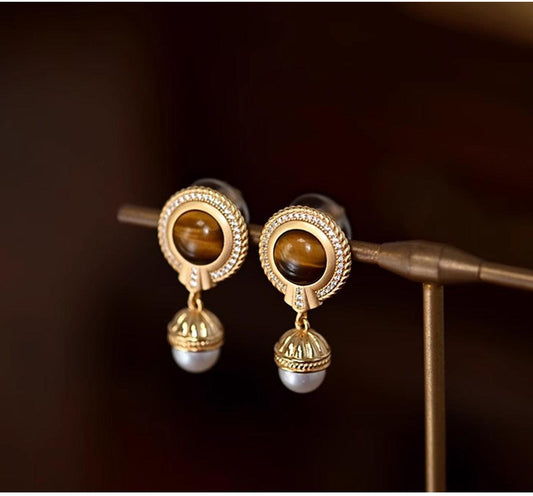 Tiger Eye and Pearl Earrings/Studs