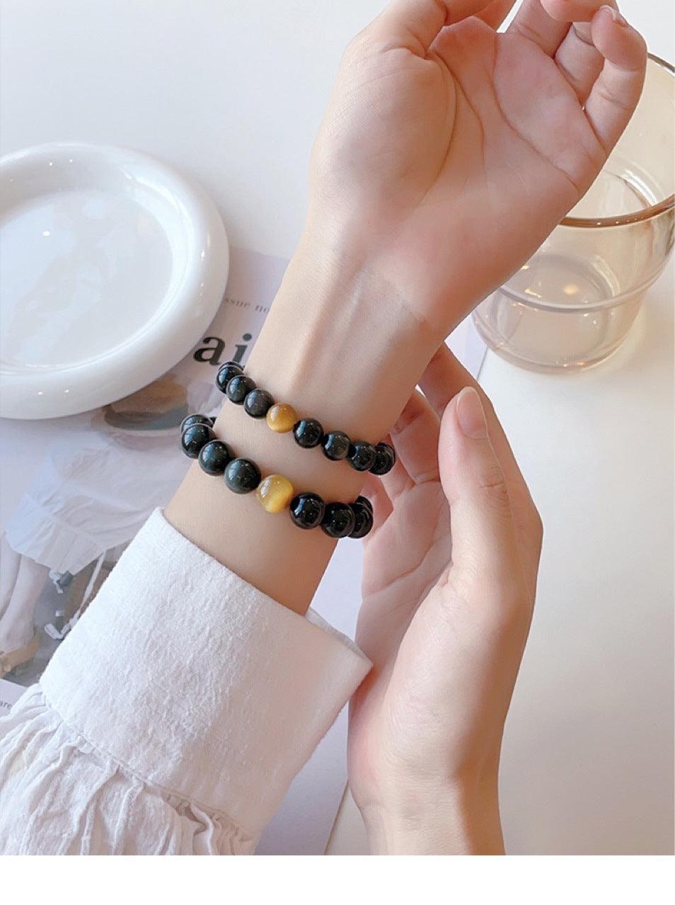 Bracelet en obsidienne naturelle et œil de tigre doré avec perles porte-bonheur