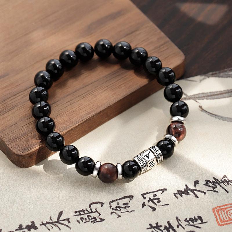 Men's 925 Silver Om Mani Padme Hum Obsidian Bracelet